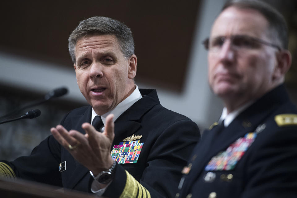 UNITED STATES - FEBRUARY 12: Navy Adm. Philip S. Davidson, left, head of the U.S. Indo-Pacific Command, and Army Gen. Robert B. Abrams, commander of the United States Forces Korea, testify during a Senate Armed Services Committee hearing in Dirksen Building titled 