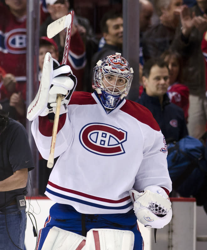 VANCOUVER, CANADA - MARCH 10: Goalie Carey Price #31 of the Montreal Canadiens salutes the crowd after defeating the Vancouver Canucks 4-1 and being named the game's first start in NHL action on March 10, 2012 at Rogers Arena in Vancouver, British Columbia, Canada. (Photo by Rich Lam/Getty Images)