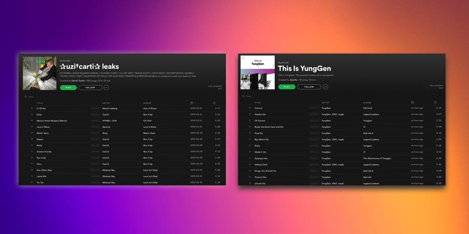 Screenshots of a user-generated Spotify playlist full of leaked songs by artists including Lil Uzi Vert, Playboi Carti, and Travis Scott, all listed under false aliases; and an algorithmically-generated Spotify playlist for the fake artist YungGen, featuring leaked music by Playboi Carti, Lil Uzi Vert, Lil Mosey, and more. Graphic by Drew Litowitz.