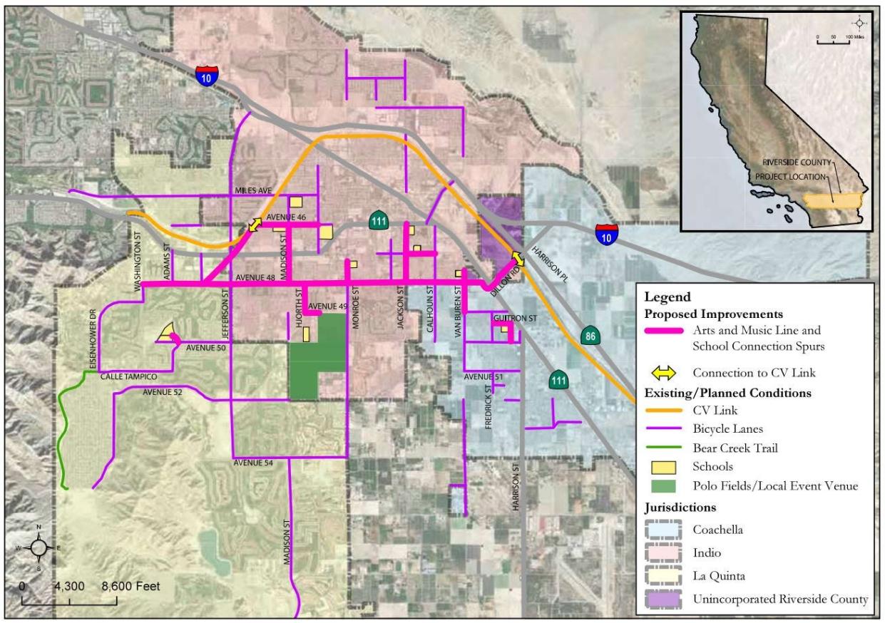 A map shows the planned route of a new arts and music bike and pedestrian line through Coachella, Indio and La Quinta.