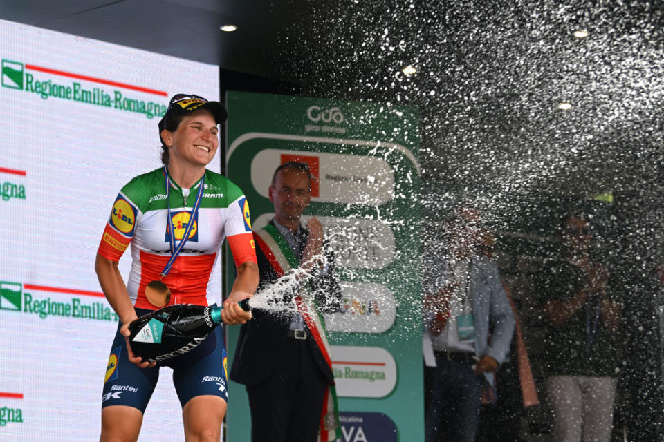 BORGO VAL DI TORO ITALY  JULY 03 Elisa Longo Borghini of Italy and Team Lidl  Trek celebrates at podium as stage winner during the 34th Giro dItalia Donne 2023 Stage 4 a 134km stage from Fidenza to Borgo Val di Toro  UCIWWT  on July 03 2023 in Borgo Val di Toro Italy Photo by Dario BelingheriGetty Images