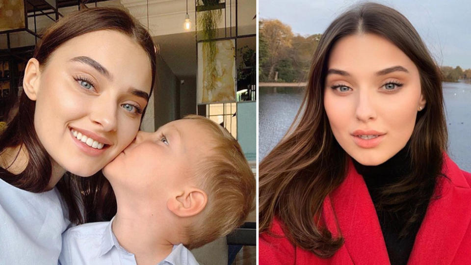 Composite image of model Veronika Didusenko, 24, with her son (left) on her own. She was stripped of her Miss Ukraine 2018 title after the organisers discovered she was divorced and had a child. 