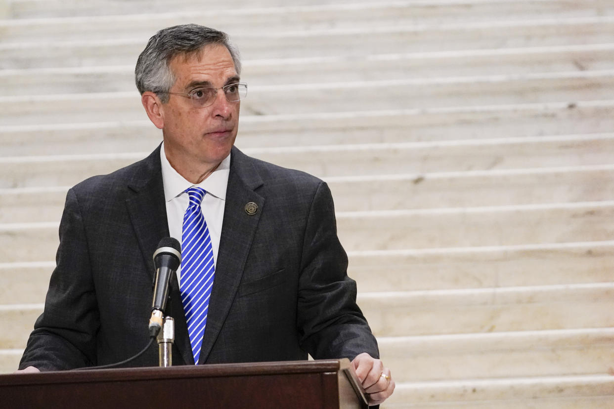 Georgia Secretary of State Brad Raffensperger speaks during a news conference on Friday, Nov. 20, 2020, in Atlanta.  Georgia’s top elections official said he will certify that Joe Biden won the state's presidential election after a hand tally stemming from a mandatory audit affirmed the Democrat's lead over Republican President Donald Trump.  Raffensperger said during a news conference Friday that he believes the numbers his office has presented are correct.(AP Photo/Brynn Anderson)