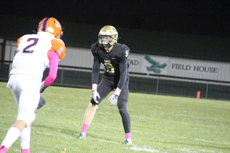 Woodward-Granger's Jalen Trudeau lines up against Manson-NW Webster on Friday, Oct. 14, 2022, at Hawk Stadium in Woodward.