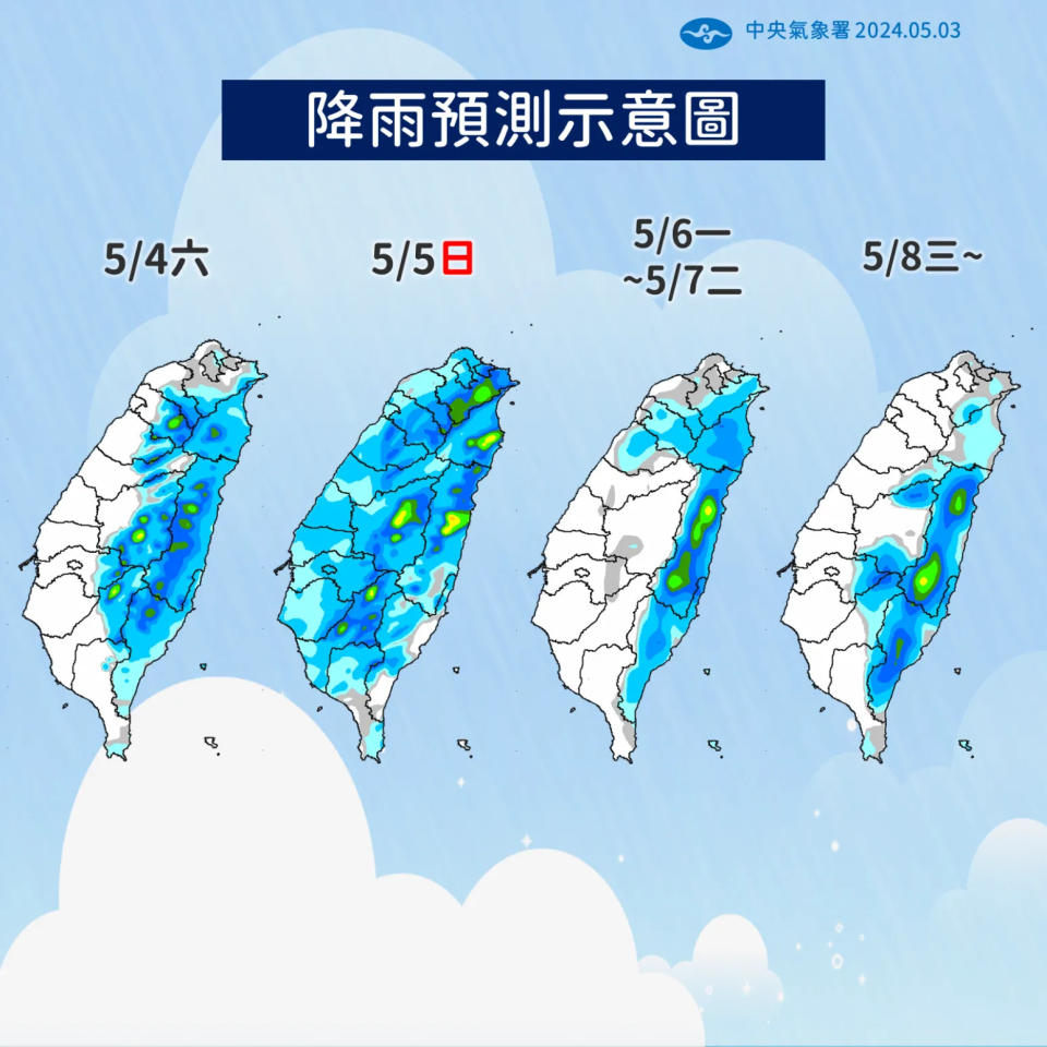 週日鋒面接近，雨區擴全台。（圖／中央氣象署）