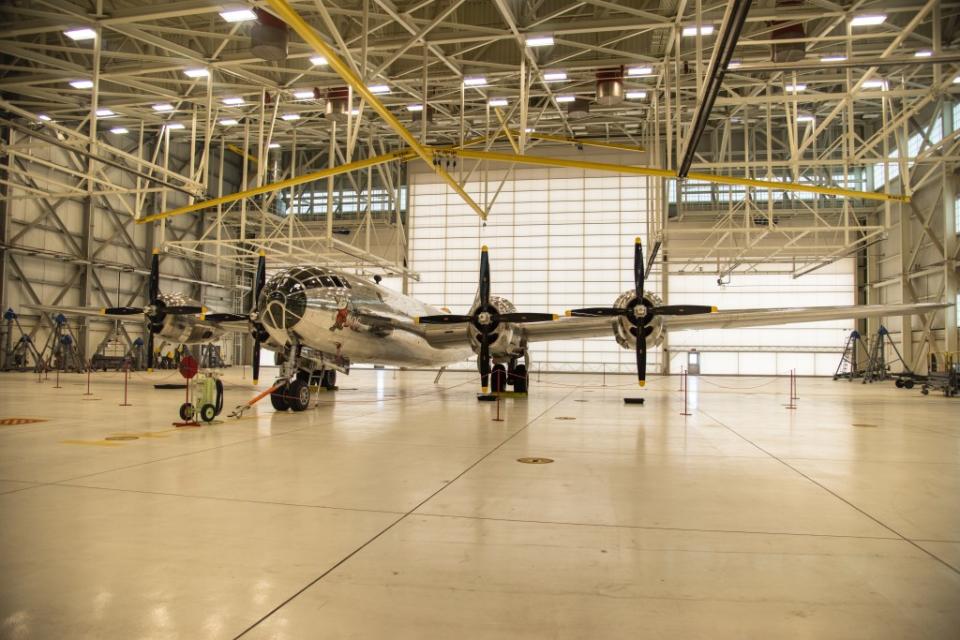Doc, a B-29 Superfortress, stays in a hangar June 2, 2021, at McConnell Air Force Base, Kansas. In May of 2000, the aircraft returned to Wichita where it was began the process of reassembly and restoration. (U.S. Air Force photo by Airman 1st Class Zachary Willis)