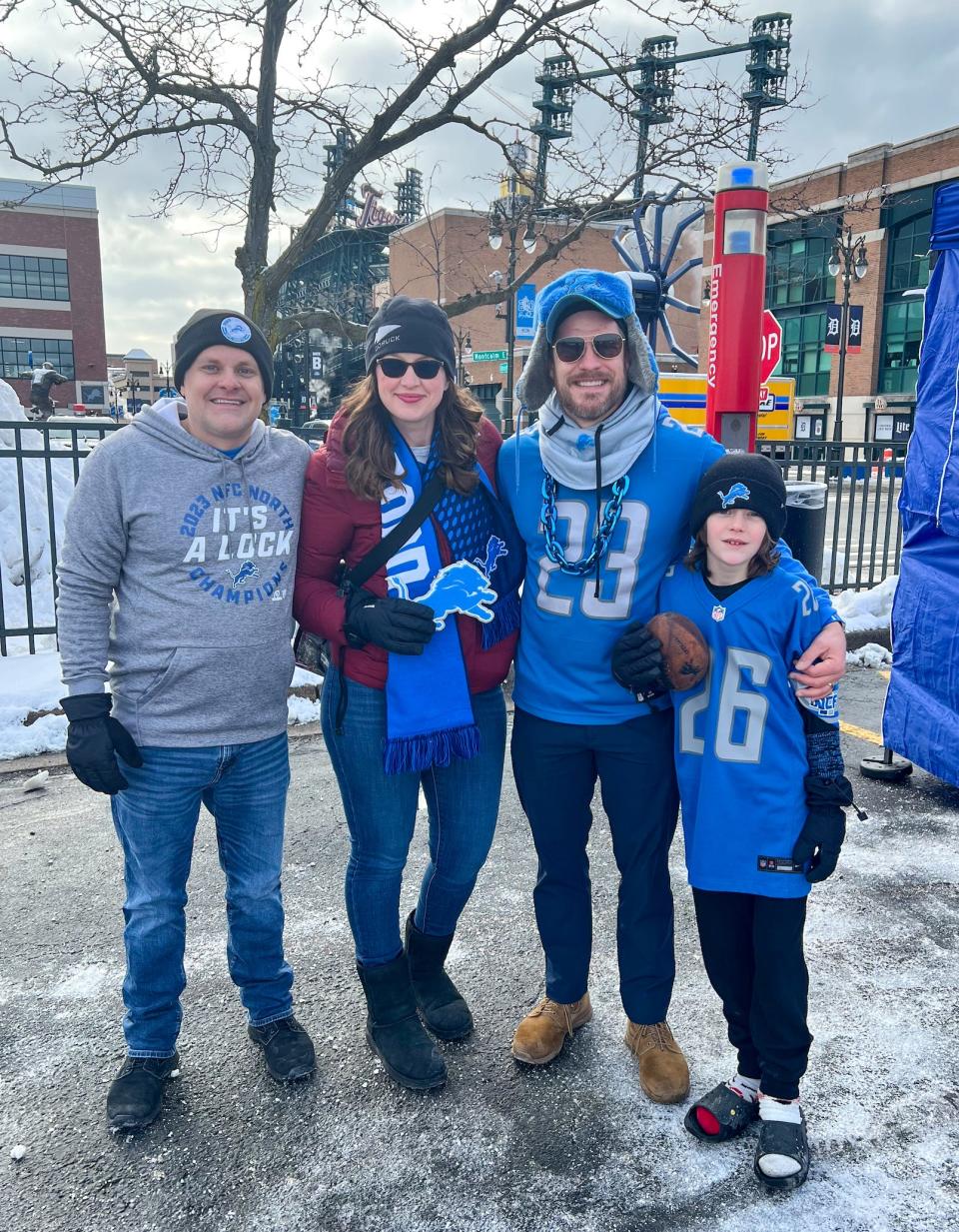 From left, Quentin, Jodi, Jake and Ethan Van Woerkom pose for a photo before the Detroit Lions game against the Tampa Bay Buccaneers on Sunday, Jan. 21, 2024. The Van Woerkom family, who live in the Washington D.C. metro area, traveled to Detroit for both home playoff games this season.