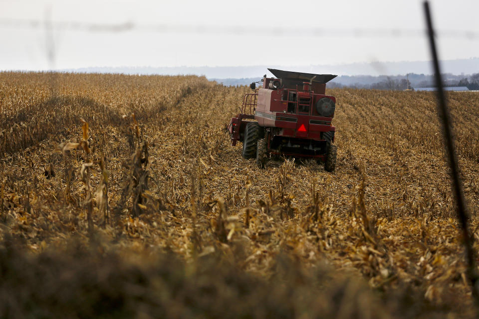 FILE - In this Dec. 4, 2017, file photo, a farmer harvests crops near Sinsinawa Mound in Wisconsin. A group of Midwestern farmers sued the federal government Thursday, April 29, 2021, alleging they can't participate in a COVID-19 loan forgiveness program because they're white. The group of plaintiffs includes farmers from Wisconsin, Minnesota, South Dakota and Ohio. According to the lawsuit, the Biden administration's COVID-19 stimulus plan provides $4 billion to forgive loans for socially disadvantaged farmers and ranchers who are Black, American Indian, Hispanic, Alaskan native, Asian American or Pacific Islander. (Eileen Meslar/Telegraph Herald via AP, File)