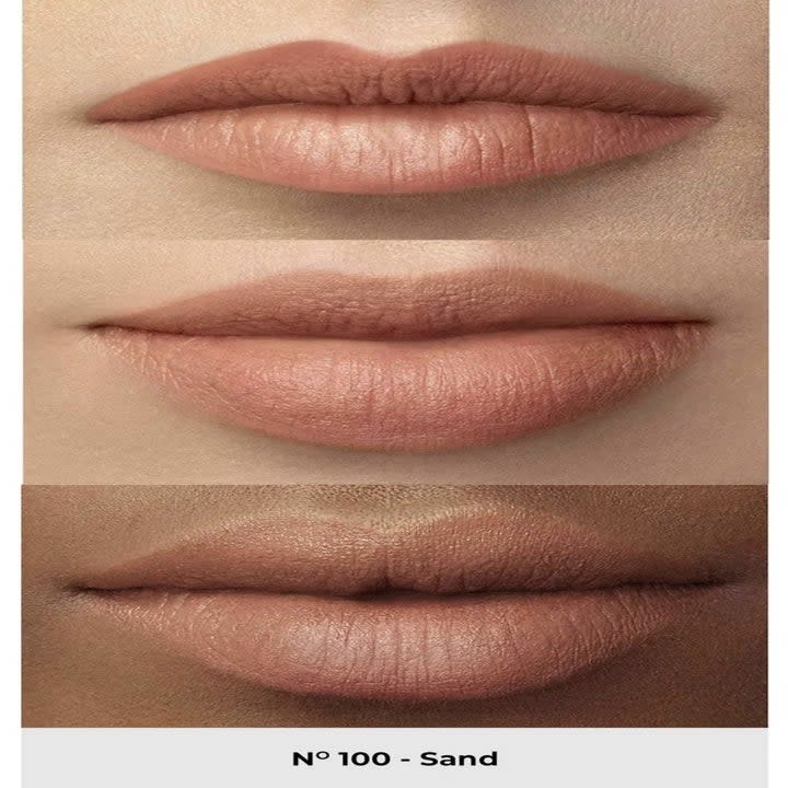 The sand shade shown on lips of three different skin colors, lighter, medium and dark