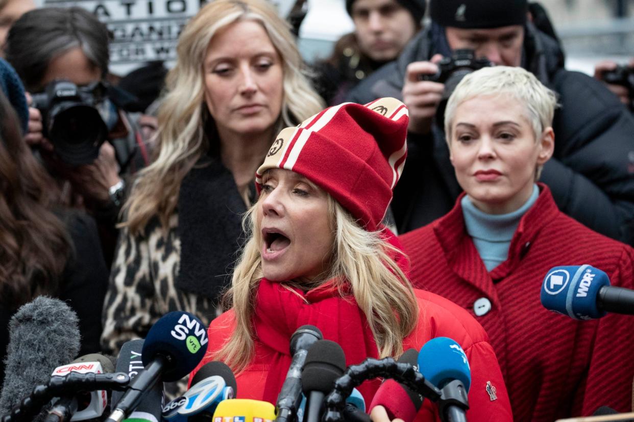 Rosanna Arquette speaks at a news conference outside the trial of Harvey Weinstein in New York: AP