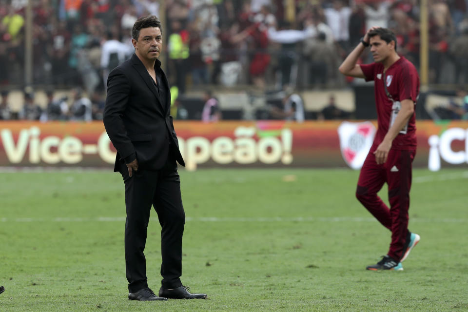 El técnico de River Marcelo Gallardo tras la derrota 2-1 ante Flamengo de Brasil en la final de la Copa Libertadores, el sábado 23 de noviembre de 2019. (AP Foto/Fernando Vergara)