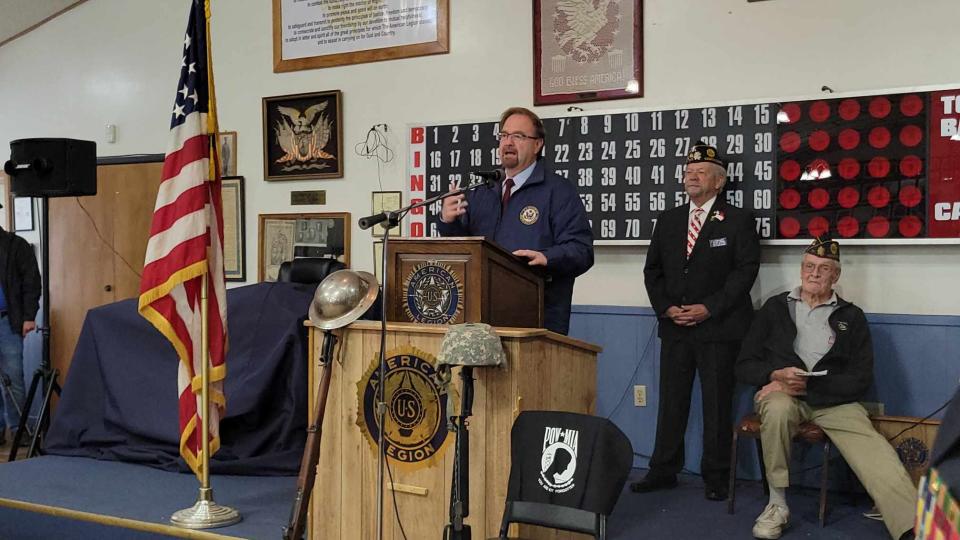 Congressman Chuck Edwards was the guest speaker for Hendersonville's Veterans Day Ceremony, which was moved from Forest Lawn Memorial Park to American Legion Post 77 in downtown Hendersonville.