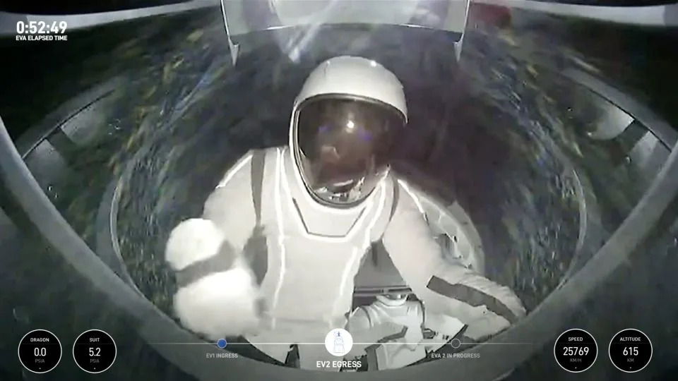 Polaris Dawn crew member and SpaceX engineer Sarah Gillis emerges from the Crew Dragon capsule's hatch on Thursday during the first commercial spacewalk. - SpaceX