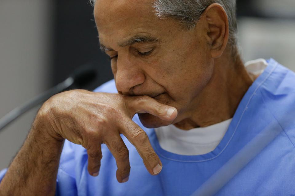 Sirhan Sirhan reacts during a parole hearing in 2016 in San Diego.