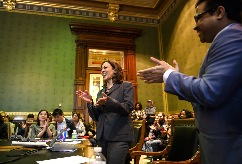 South Asians are largely celebrating Joe Biden's choice to put Californian Kamala Harris on the Democratic presidential ticket. Here, the senator -- then a presidential candidate -- is seen speaking to the Asian and Latino Coalition at the Iowa Statehouse in February 2019. (Photo: Stephen Maturen via Getty Images)