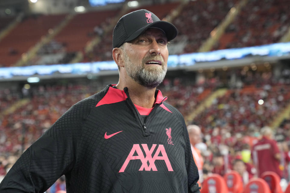 Liverpool manager Jurgen Klopp arrives at Rajamangala national stadium during their pre-season kicks Manchester United vs Liverpool in Bangkok ,Thailand, Tuesday, July 12, 2022. (AP Photo/Sakchai Lalit)