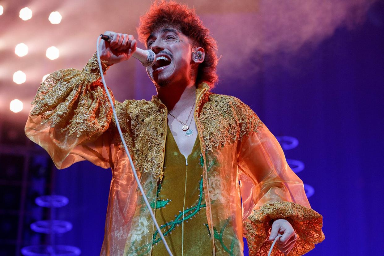 Singer Josh Kiszka of Greta Van Fleet performs on stage during their 'Dreams In Gold Tour' at Rogers Arena on August 30, 2022 in Vancouver, British Columbia, Canada.