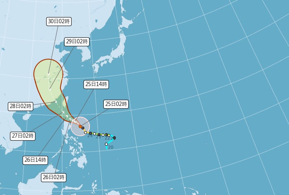 中度颱風杜蘇芮在鵝鑾鼻東南方約670公里的海面上，對巴士海峽將構成威脅。週三、週四將沿著臺灣西南方近海北上，是影響臺灣最明顯的時候。（圖：氣象局網站）