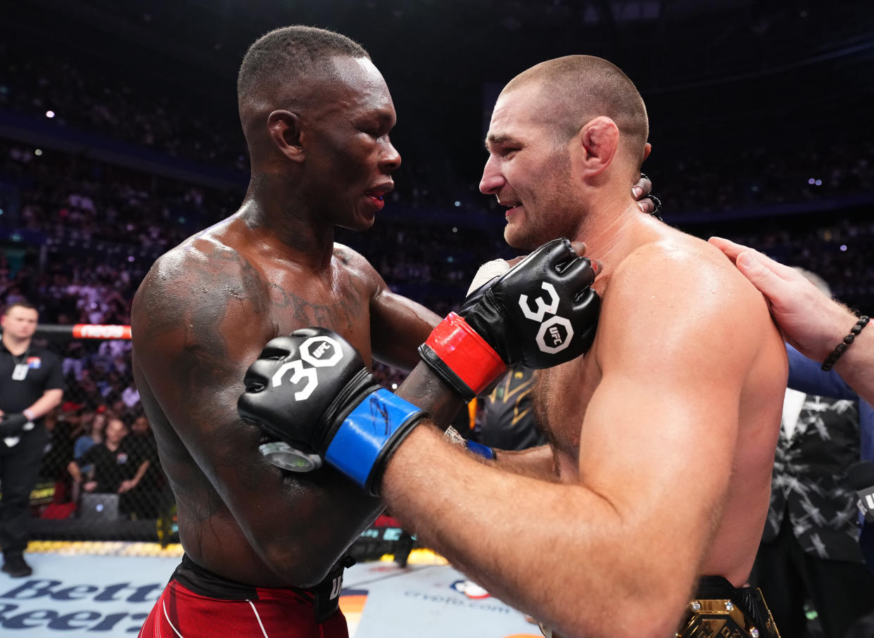 SYDNEY, AUSTRALIA - SEPTEMBER 10: (R-L) Sean Strickland and Israel Adesanya of Nigeria talk after their UFC middleweight championship fight during the UFC 293 event at Qudos Bank Arena on September 10, 2023 in Sydney, Australia. (Photo by Chris Unger/Zuffa LLC via Getty Images)