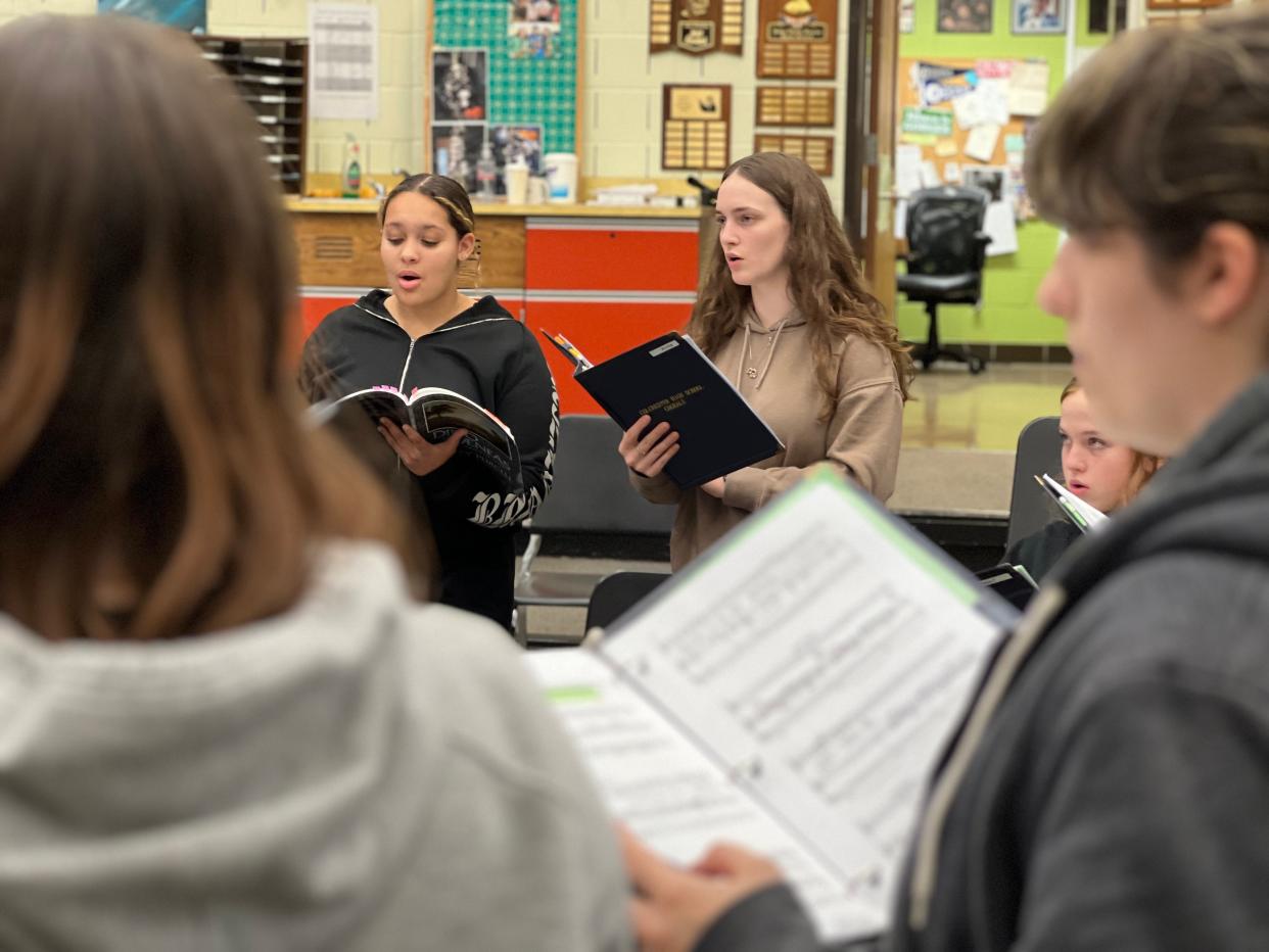 Aunika Higbee sings in Chorale, a women's choir, at Colchester High School on Nov. 1, 2023. The senior continues to participate in the high school group even though most of the time she is taking college courses at Community College of Vermont as part of the Early College program.