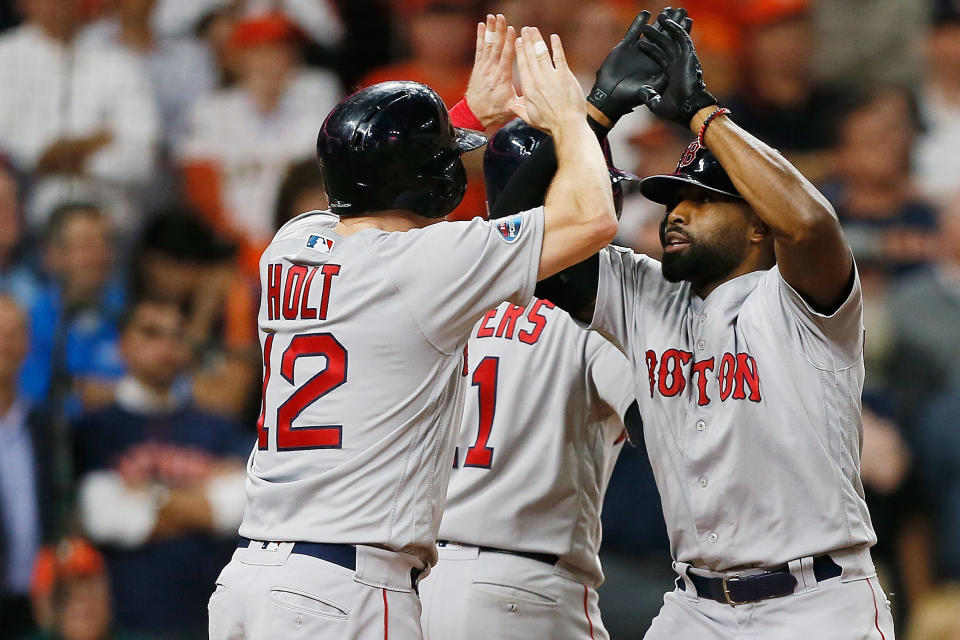 Boston’s Jackie Bradley Jr. hit a grand slam in the eighth inning off Houston Astros closer Roberto Osuna. (Getty Images)