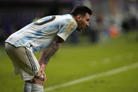 Argentina's Lionel Messi reacts during a Copa America soccer match against Uruguay at National stadium in Brasilia, Brazil, Friday, June 18, 2021. Argentina won 1-0. (AP Photo/Ricardo Mazalan)
