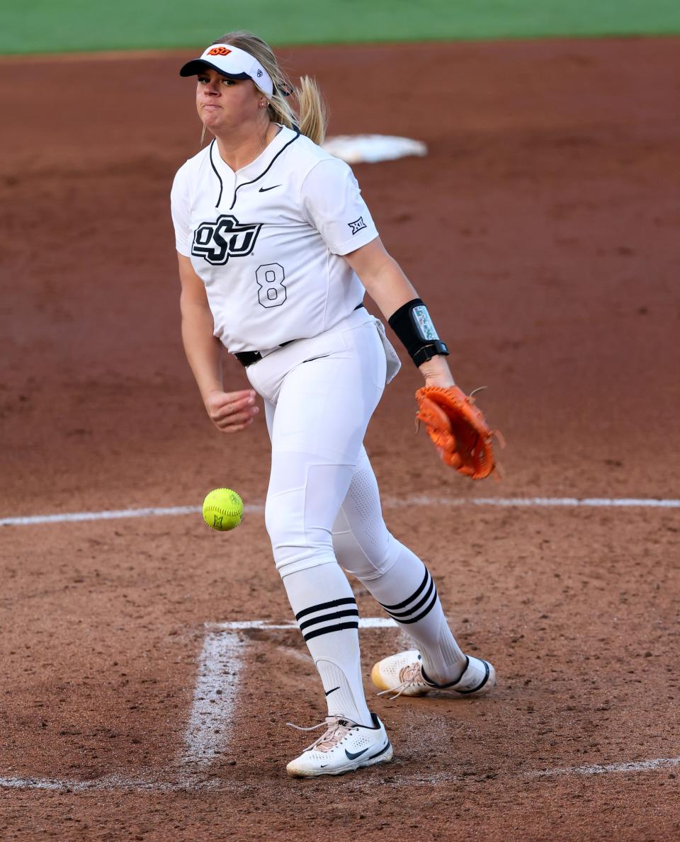 Oklahoma State's Lexi Kilfoyl (8) throws a pitch during the college softball game between the Oklahoma State University Cowgirls and the UCF Knights in Stillwater, Okla., Friday, March 15, 2024.
