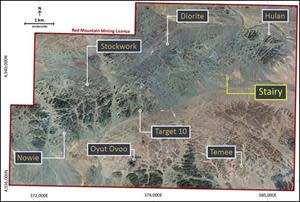 The Red Mountain Mining Licence showing ground Landsat data and the location of the priority targets including Stairy.