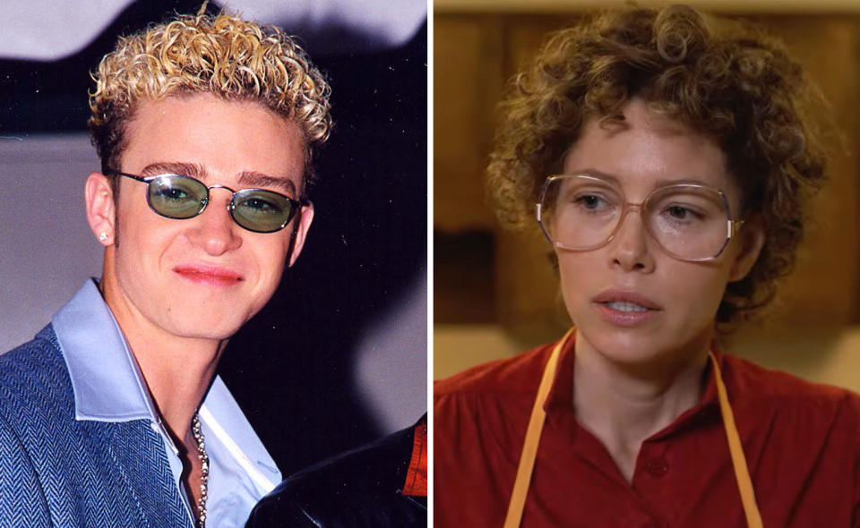 L: A photo of young Justin Timberlake with a curly perm. R: Jessica Biel as Candy in the mini-series, wearing big glasses, with a perm and a red shirt