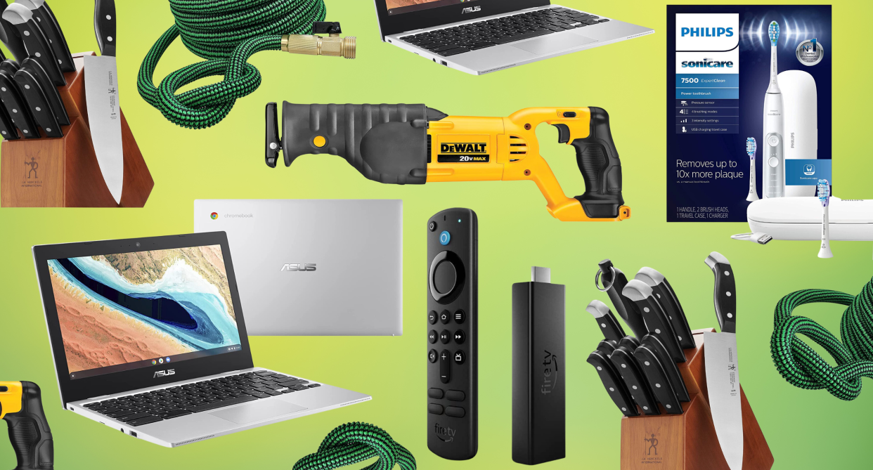 asus chromebook, fire tv stick, knife set, dewalt tools, philips sonicare electric toothbrush, green garden hose, amazon canada memorial day weekend deals 28 best Amazon Canada deals to shop Memorial Day weekend (photos via Amazon)