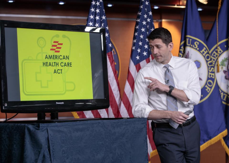 House Speaker Paul Ryan, R-Wis., uses charts and graphs to make his case for the GOP’s long-awaited plan to repeal and replace the Affordable Care Act, at a news conference on Capitol Hill on March 9, 2017. (Photo: J. Scott Applewhite/AP)