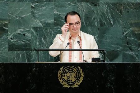 Philippine Foreign Affairs Secretary Alan Peter Cayetano addresses the 72nd United Nations General Assembly at U.N. headquarters in New York, U.S., September 23, 2017. REUTERS/Eduardo Munoz