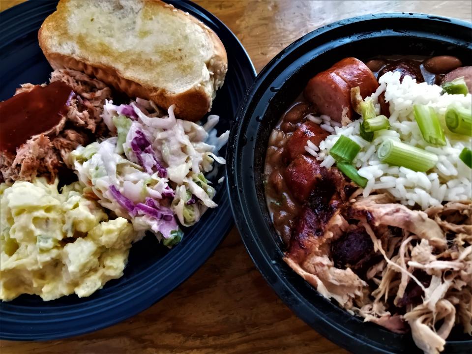 Left, pulled pork, Texas toast, coleslaw and potato salad. Right, Cajun beans and rice.