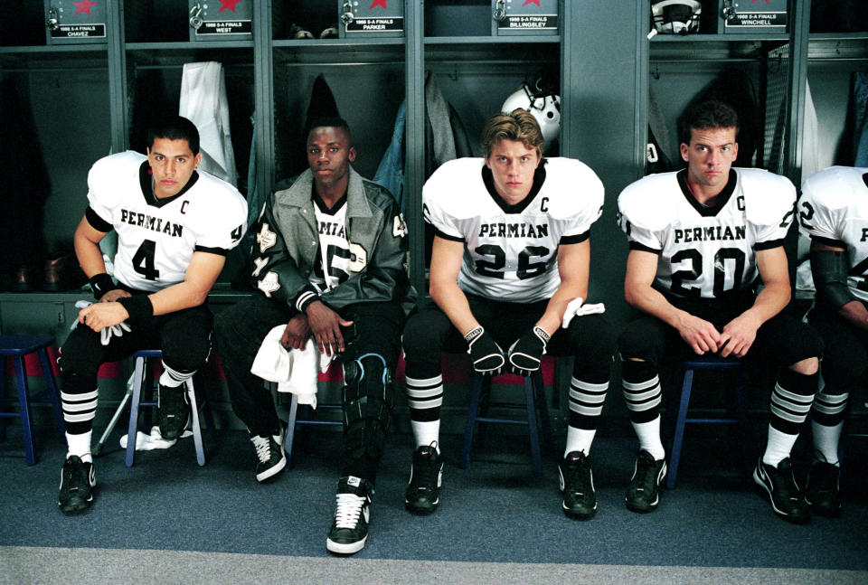 Hernandez, Derek Luke, Garrett Hedlund and Lucas Black in Peter Berg's 2004 movie version of Friday Night Lights. (Photo: ©Universal/Courtesy Everett Collection)

