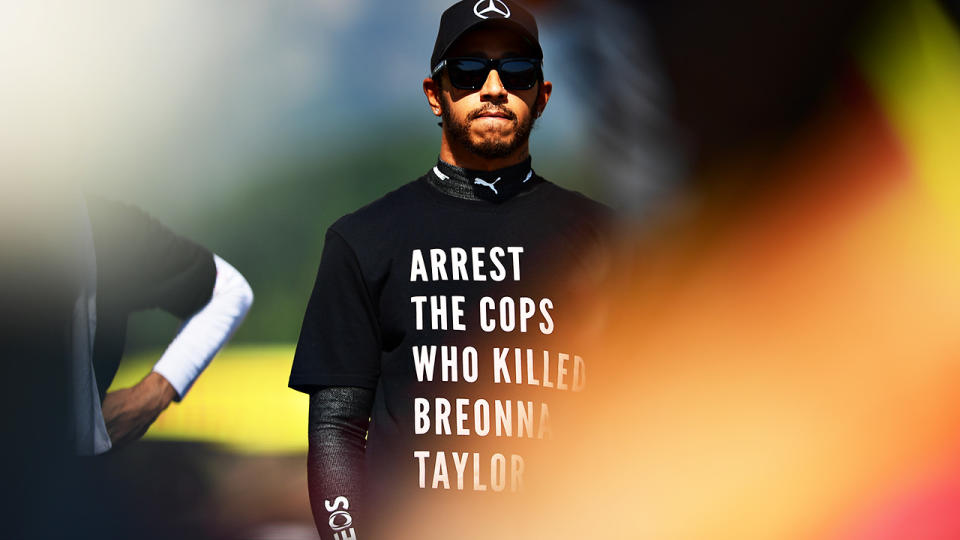 Lewis Hamilton is pictured wearing a shirt in tribute to the late Breonna Taylor.