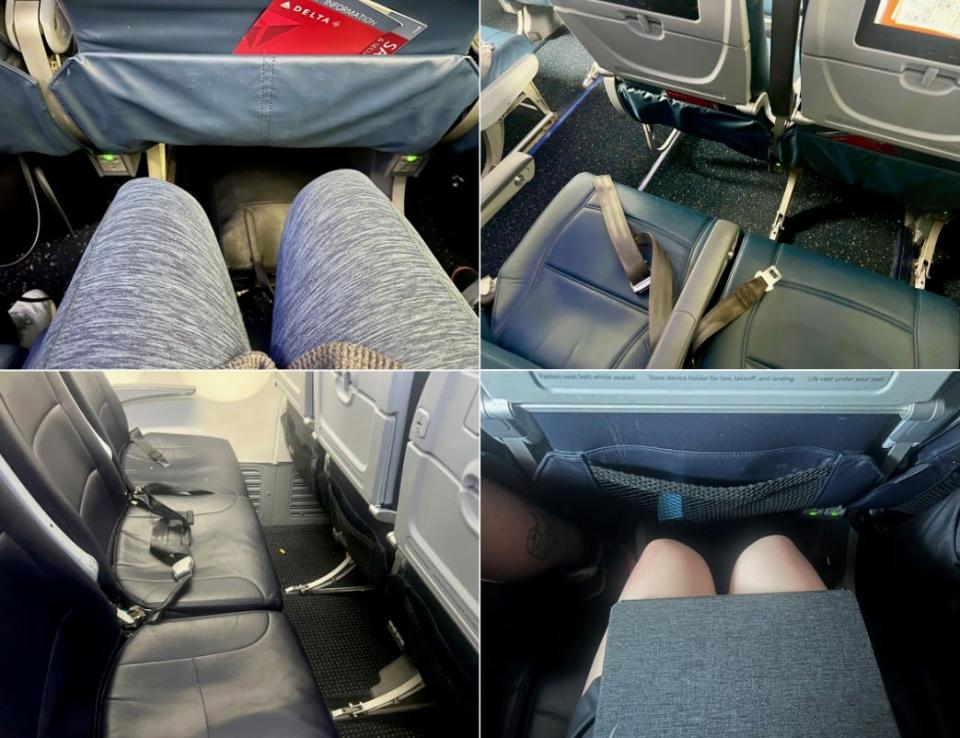 The author's legroom on Delta and American economy seats.