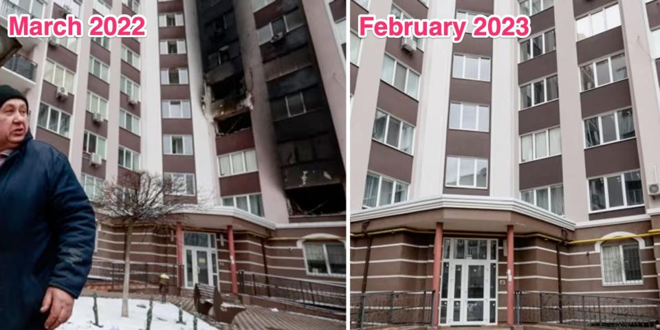 A Bucha resident stands in the courtyard of a charred apartment block on March 1, 2022. The same courtyard is shown restored in February 2023.