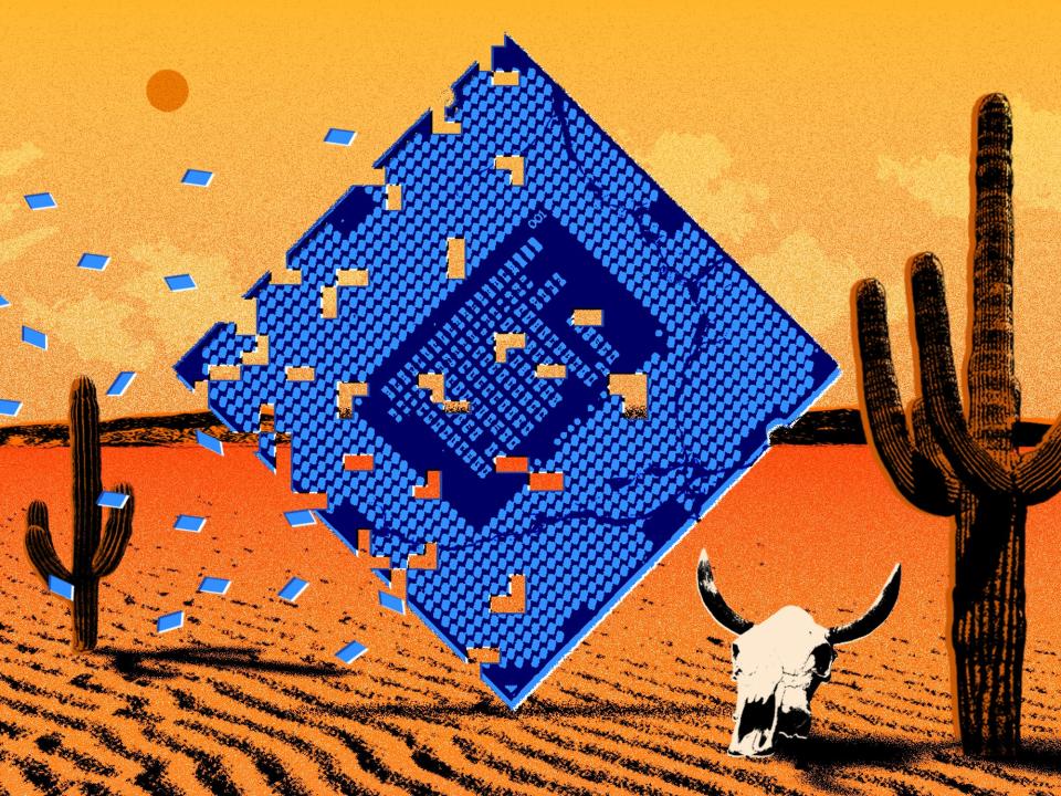 A computer chip disintegrating in the desert