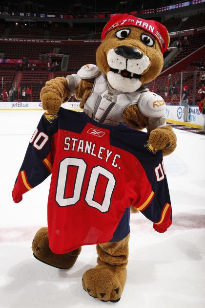 SUNRISE, FL - APRIL 23: The Florida Panthers mascot 'Stanley C Panther' prepares to give his jersey away after the game against the New York Rangers at the BB&T Center on April 23, 2013 in Sunrise, Florida. The players jerseys were auctioned off for charity. The Panthers defeated the Rangers 3-2. (Photo by Joel Auerbach/Getty Images)