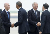 <p>President Obama shakes hands with Florida Gov. Rick Scott and Vice President Joe Biden shakes hands with Florida Sen. Marco Rubio, June 16, 2016. Saul Loeb/AFP/Getty Images) </p>