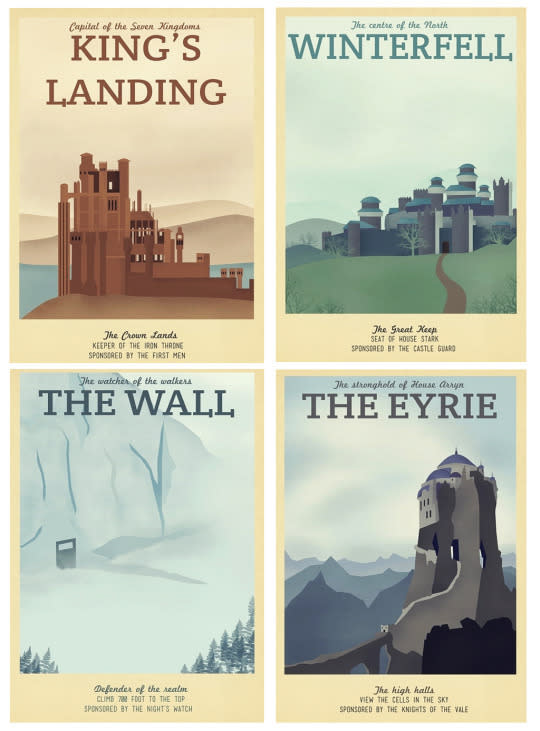 Retro Travel Posters Take a tour of Westeros without leaving your living room with this set of five travel posters advertising such key locations as Winterfell, Qarth and King’s Landing. Each one is handsomely illustrated, making even the most foreboding location (looking at you, Wall) seem like a must-see destination. Five sizes are available, from postcard-sized prints to 13x19 posters. Etsy, $27-$157 (Credit: Etsy.com)