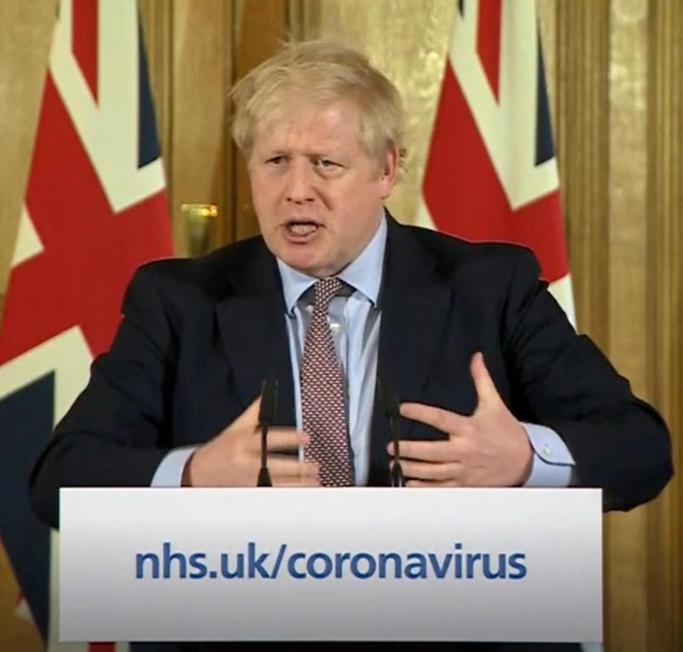 A screen-grab of Prime Minister Boris Johnson (centre) speaking at a media briefing in Downing Street, London, on Coronavirus (COVID-19) after he had taken part in the government�s COBRA meeting. Picture date: Monday March 16, 2020. See PA story HEALTH Coronavirus. Photo credit should read: PA Video/PA Wire
