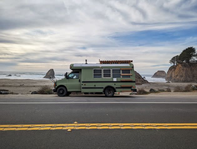 The bus on CA-1, south of Newport, California.