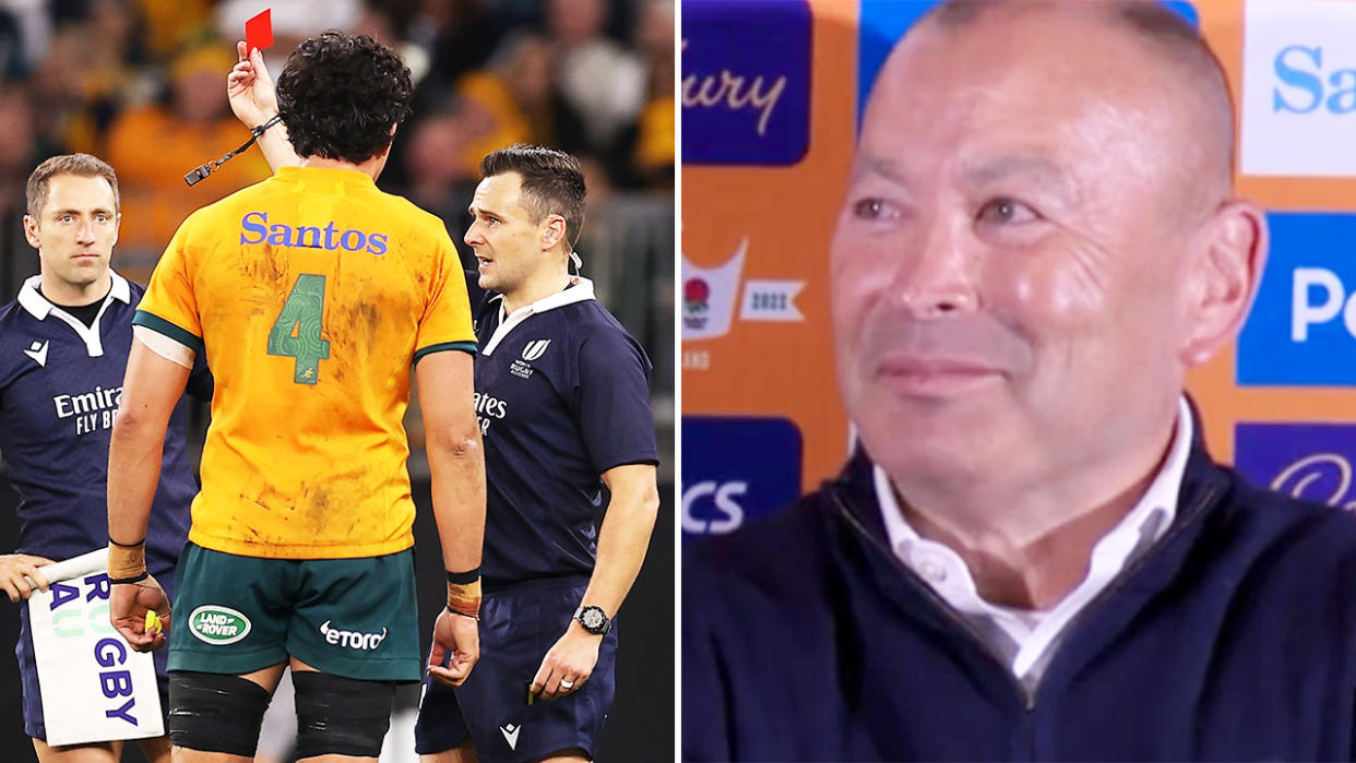 Eddie Jones, pictured here saying he reckons the referee helped the Wallabies after Darcy Swain's red card.