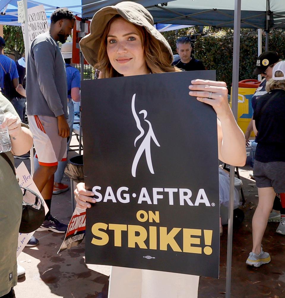 Actress Mandy Moore joined SAG-AFTRA and WGA members as they walk the picket line on July 14, 2023 in Los Angeles, California.