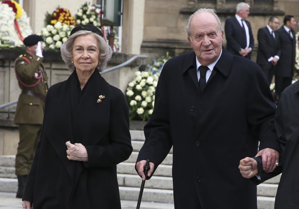 LUXEMBOURG, LUXEMBOURG - MAY 4: Juan Carlos I of Spain and Queen Sofia of Spain leave the funerals of Grand Duke Jean of Luxembourg at Cathedrale Notre-Dame on May 4, 2019 in Luxembourg, Luxembourg. (Photo by Jean Catuffe/Getty Images)