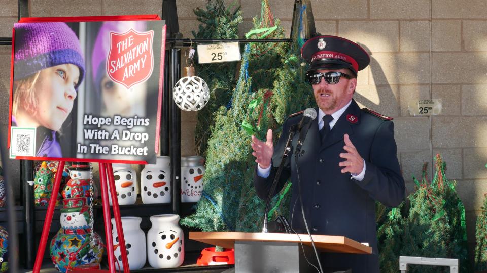 Lubbock Salvation Army Major David Worthy helps kick off the organization's annual Red Kettle fundraiser Tuesday at United Supermarkets in Lubbock.