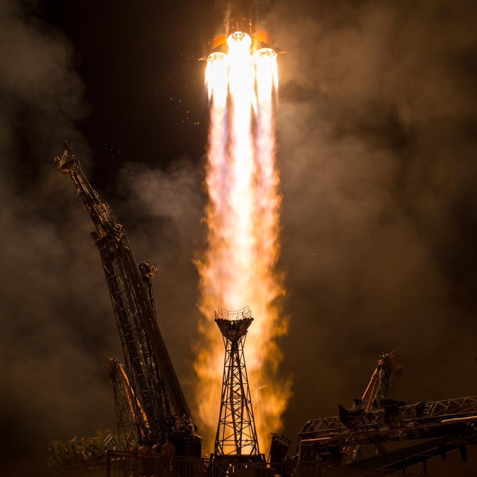 <p>The Soyuz MS-06 spacecraft launches from the Baikonur Cosmodrome with Expedition 53 crewmembers Joe Acaba of NASA, Alexander Misurkin of Roscosmos, and Mark Vande Hei of NASA from the Baikonur Cosmodrome in Kazakhstan, Wednesday, Sept. 13, 2017, Kazakh time. Acaba, Misurkin, and Vande Hei will spend approximately five and half months on the International Space Station. (Photo: NASA/Bill Ingalls) </p>