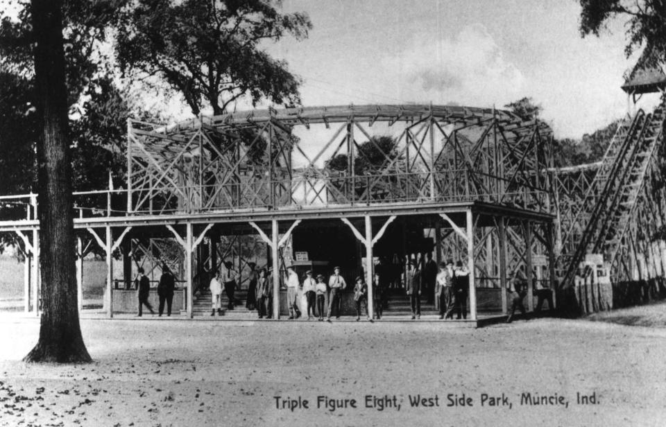 Triple 8 roller coaster in West Side Park in 1915. The park was located in Normal City west of the White River and Muncie. In 1919, Muncie annexed Normal City, ending its 20-year history as a suburban city.