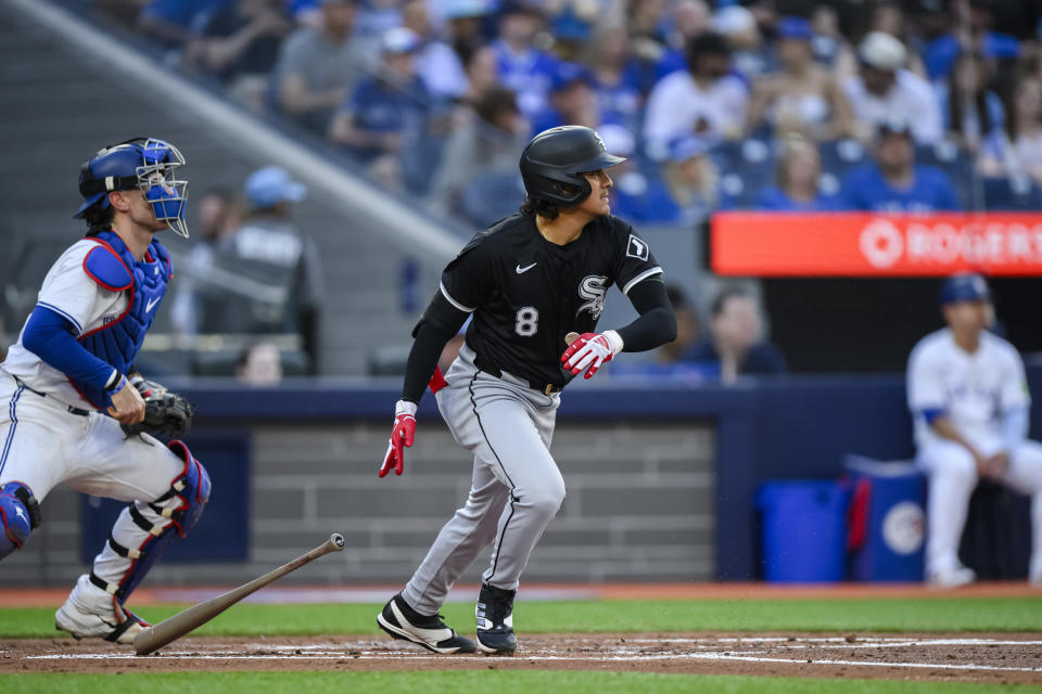 Chicago White Sox's Nicky Lopez watches his RBI single against the Toronto Blue Jays during the second inning of a baseball game Tuesday, May 21, 2024, in Toronto. (Christopher Katsarov/The Canadian Press via AP)